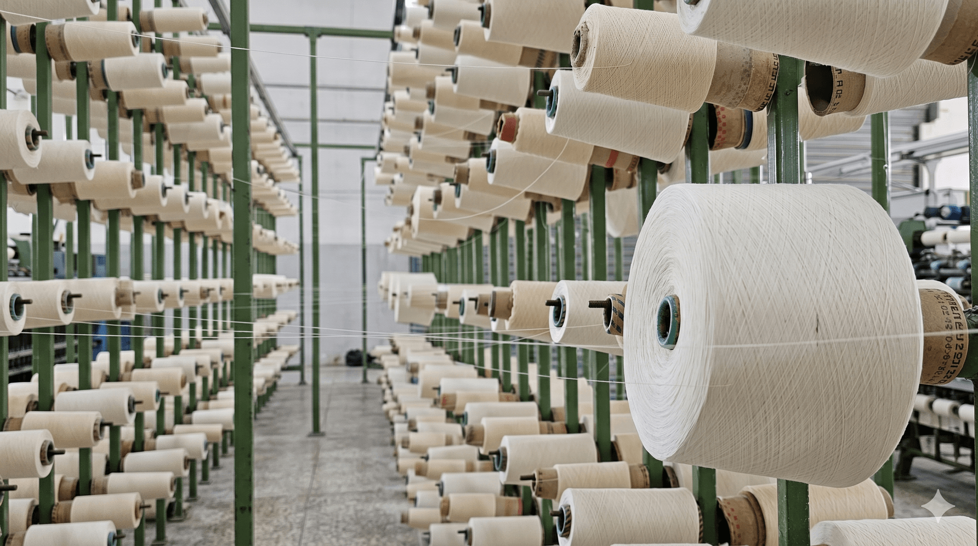 Cotton yarn cones on a textile production floor
