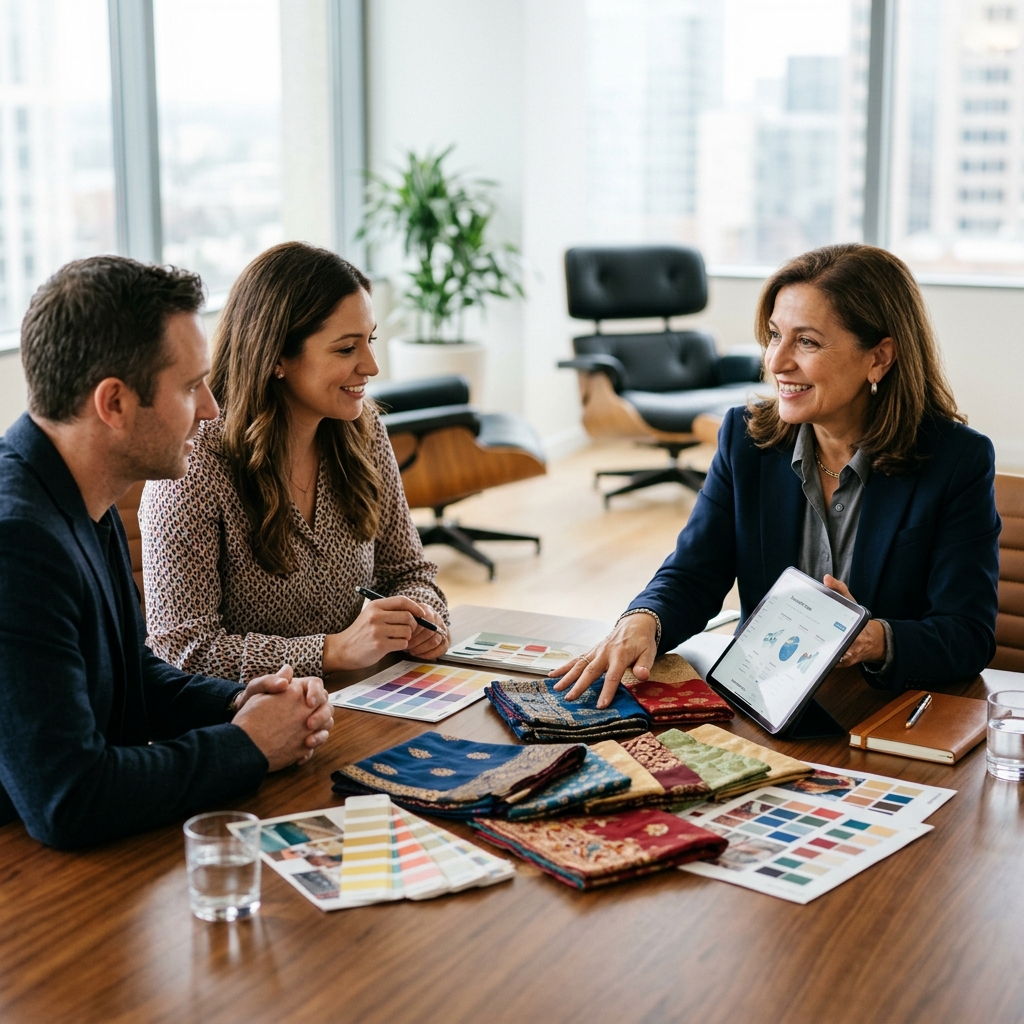 Sourcing advisor reviewing fabric samples with a buyer team.