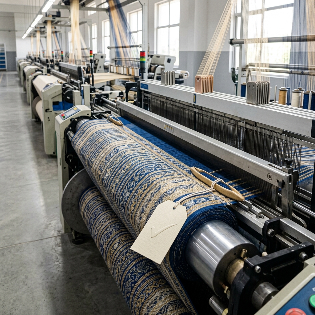 A photorealistic, bright, and modern Indian textile weaving loom with a physical certification tag attached to a fresh roll of premium fabric.